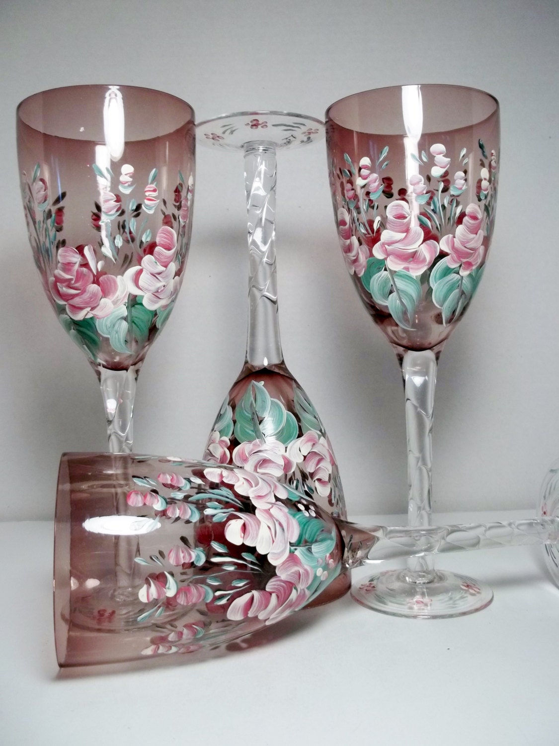 Vintage Rose Colored Wine Glasses Hand Painted Design