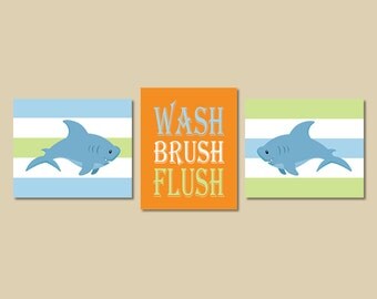 Shark Decor, Shark Bathroom Decor, Wash Brush Flush, Bathroom Rules Kids Wall Art Blue Orange Green Set of 3 Prints Or Canvas Boy Bathroom