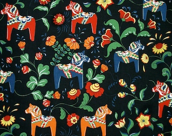 Scandinavian Swedish Dala Horses & Flowers on Black Fabric