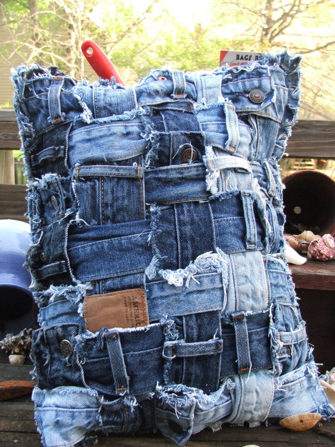 Rectangle denim pillow sham made from waistbands of old