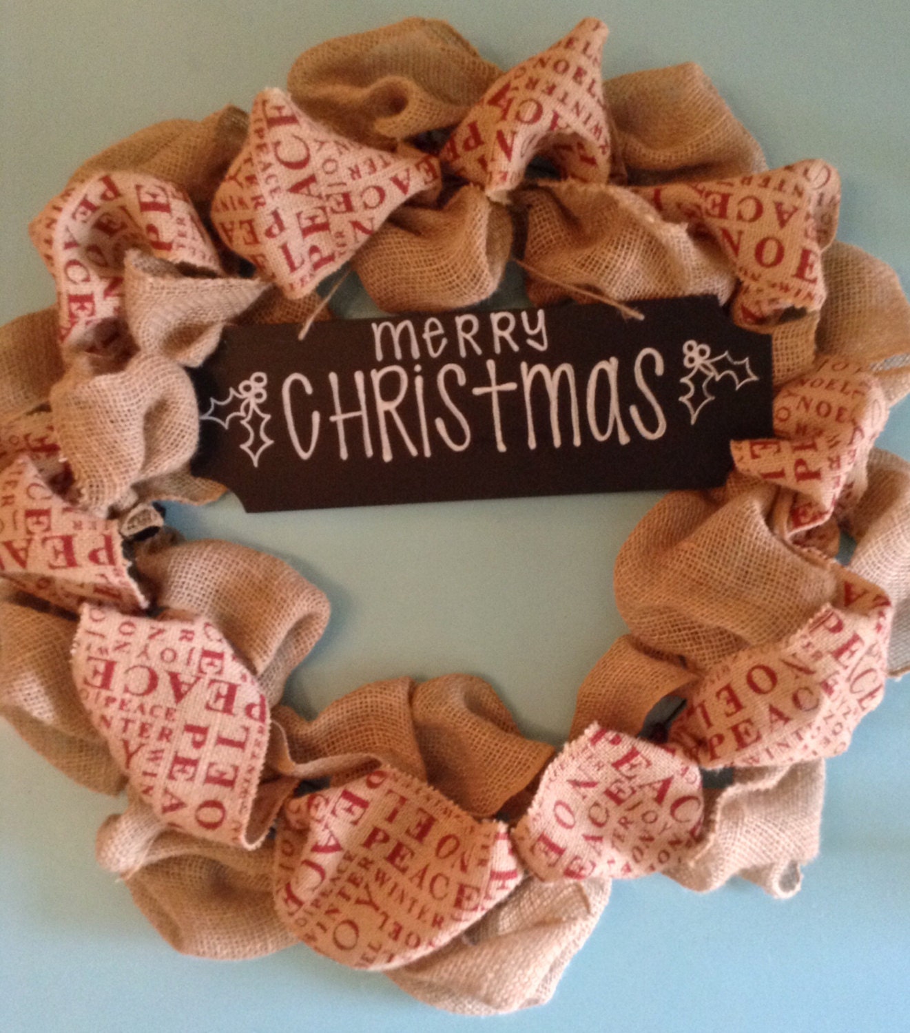 Burlap Jute with Chalkboard Sign Rustic Chic Christmas Wreath -- "Merry Christmas"