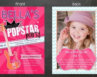Princess & Popstar party invitation, pink invitation, Barbie birthday, double sided, digital file