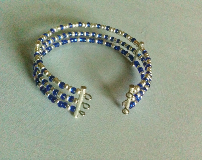 clearance! blue and silver glass beaded cuff bracelet