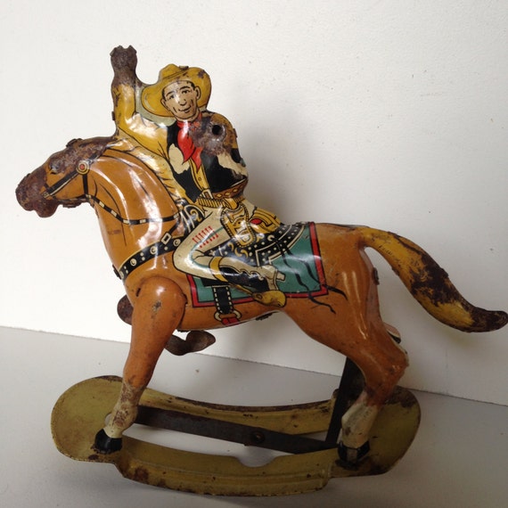 SALE Tin wind up toy horse and cowboy rider vintage 1940s Marx