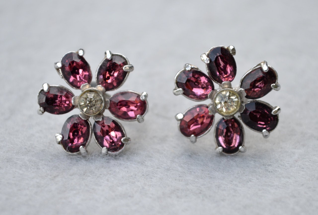 Purple Rhinestone Flower Vintage Earrings by HighClassHighway