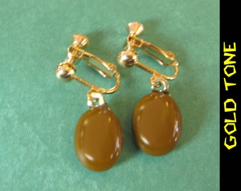 Brown Clip On Earrings, Screwback, Dangle Clip Earring, ClipOn Drop Earrings, Fused Glass Jewelry - Tito - 343 - 2