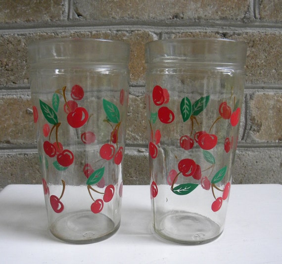 Vintage Cherry Drinking Glasses Jam Jelly Jar Set of Two