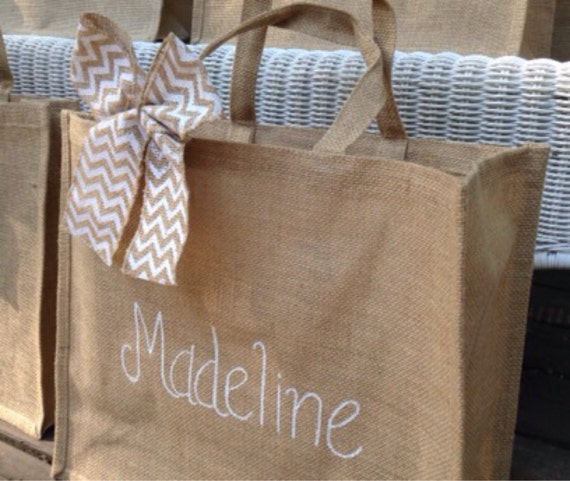 Large Jute Personalized Tote with Burlap Bow. Bow by VannysAttic