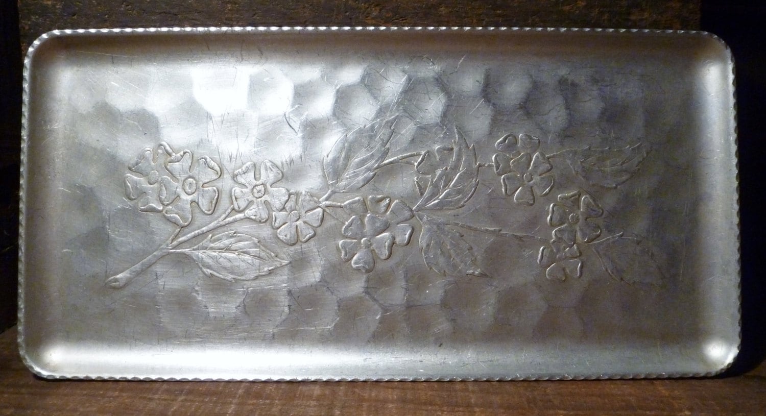 Vintage hammered aluminum serving tray with embossed cherry blossom