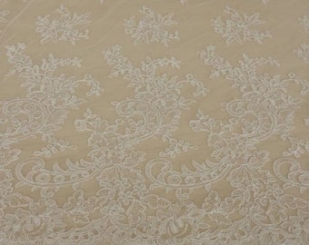Ivory lace fabric, Embroidered lace, French Lace, Wedding Lace, Bridal lace, White Lace, Veil lace, Lingerie Lace, Alencon Lace by the yard