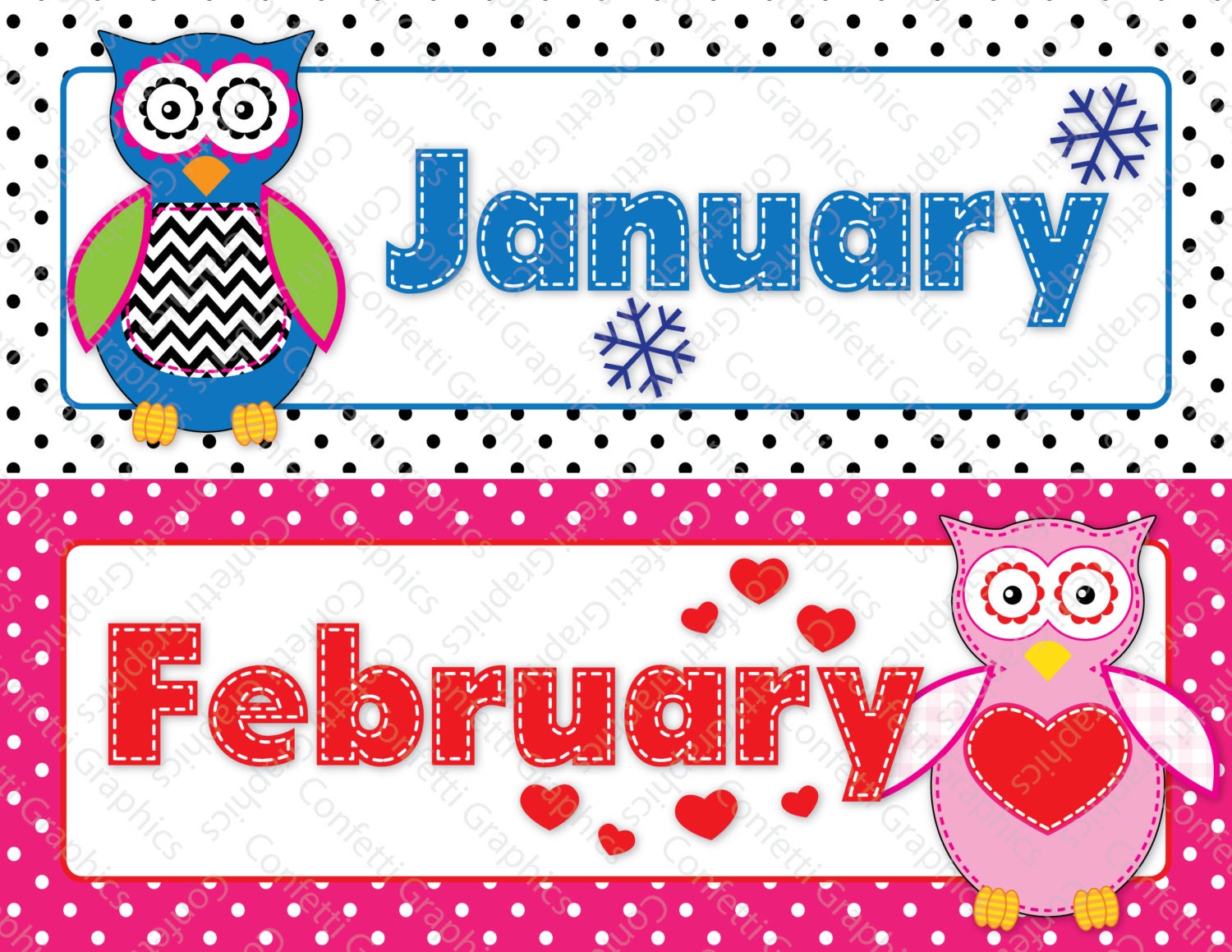 Calendar Months Cards Owl Polka Dot Hobo by ConfettiGraphics