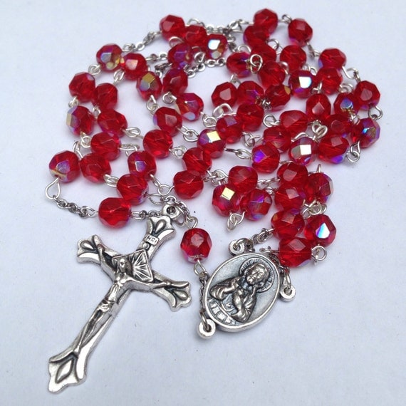 Catholic Rosary Ruby Red glass beads Sacred Heart by NobleArtist