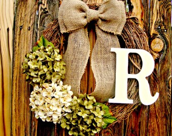 Green and Cream Hydrangea Wreath, wreath with monogram, Mongram Wreath, Initial Wreath, Everyday Wreath, Year Round Wreath, fall wreath