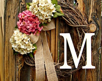 Pink and Cream Hydrangea Wreath with Monogram - Choose your Color - Monogrammed Wreath - Wreaths - Door Wreath - Spring Wreath