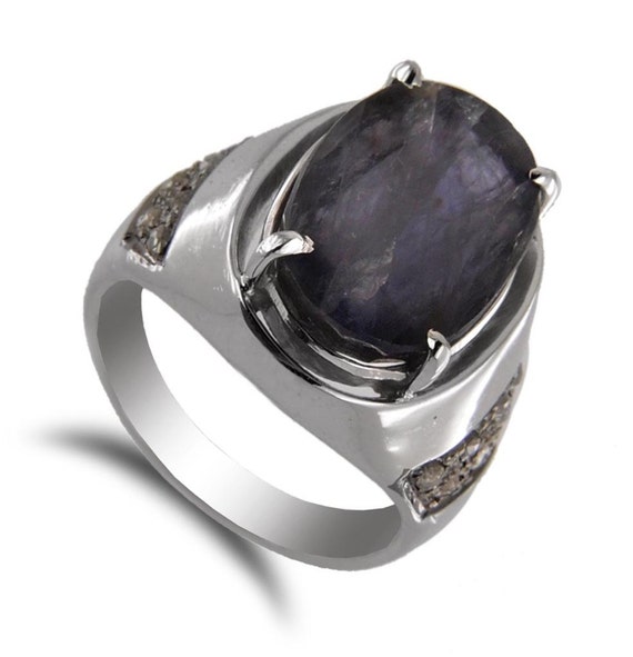 Blue sapphire Gemstone Men's ring in 925 silver with rose cut diamonds