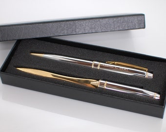 Engraved pen set - Personalized pen gift set -Chrome brass ballpoint pen & matching letter opener