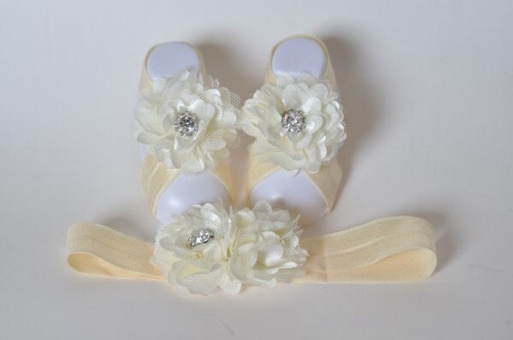 Cream Baby Barefoot Sandals with Chiffon Flower and Rhinestone Center ...