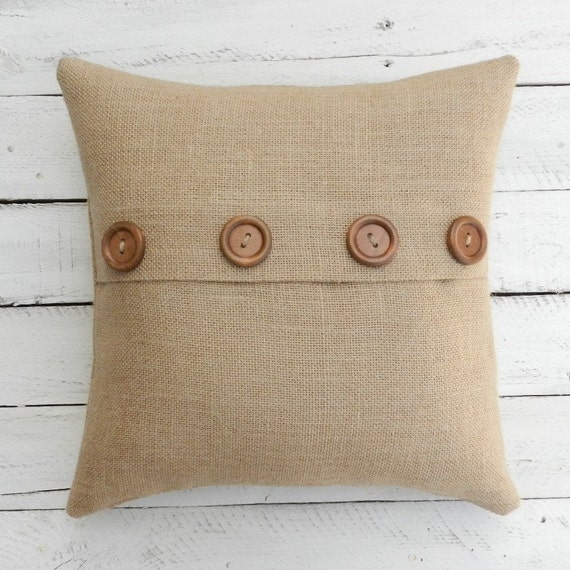 Items similar to Burlap Pillow with Wood Buttons 16" x 16" Decorative