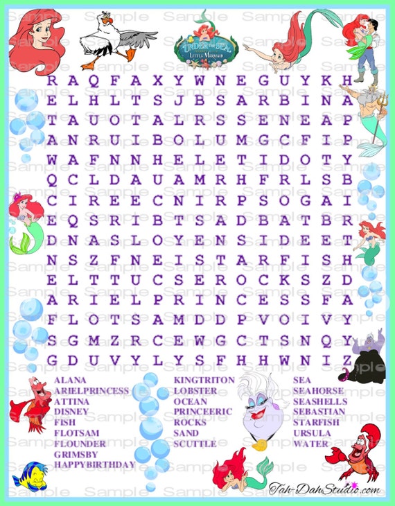 new disney ariel word search game birthday party by tahdahstudio