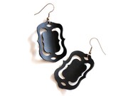 Fancy Rectangle upcycled inner tube earrings, elegant recycled black rubber jewelry made from bicycle tire inner tube, unique black earrings