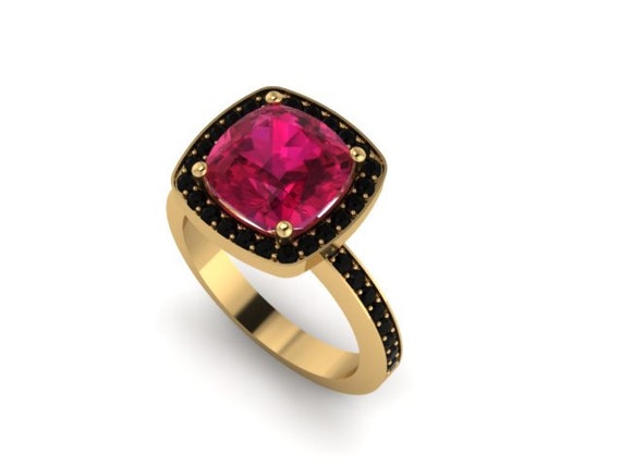 Ruby Engagement Ring Black Diamond Wedding Ring 14K Yellow