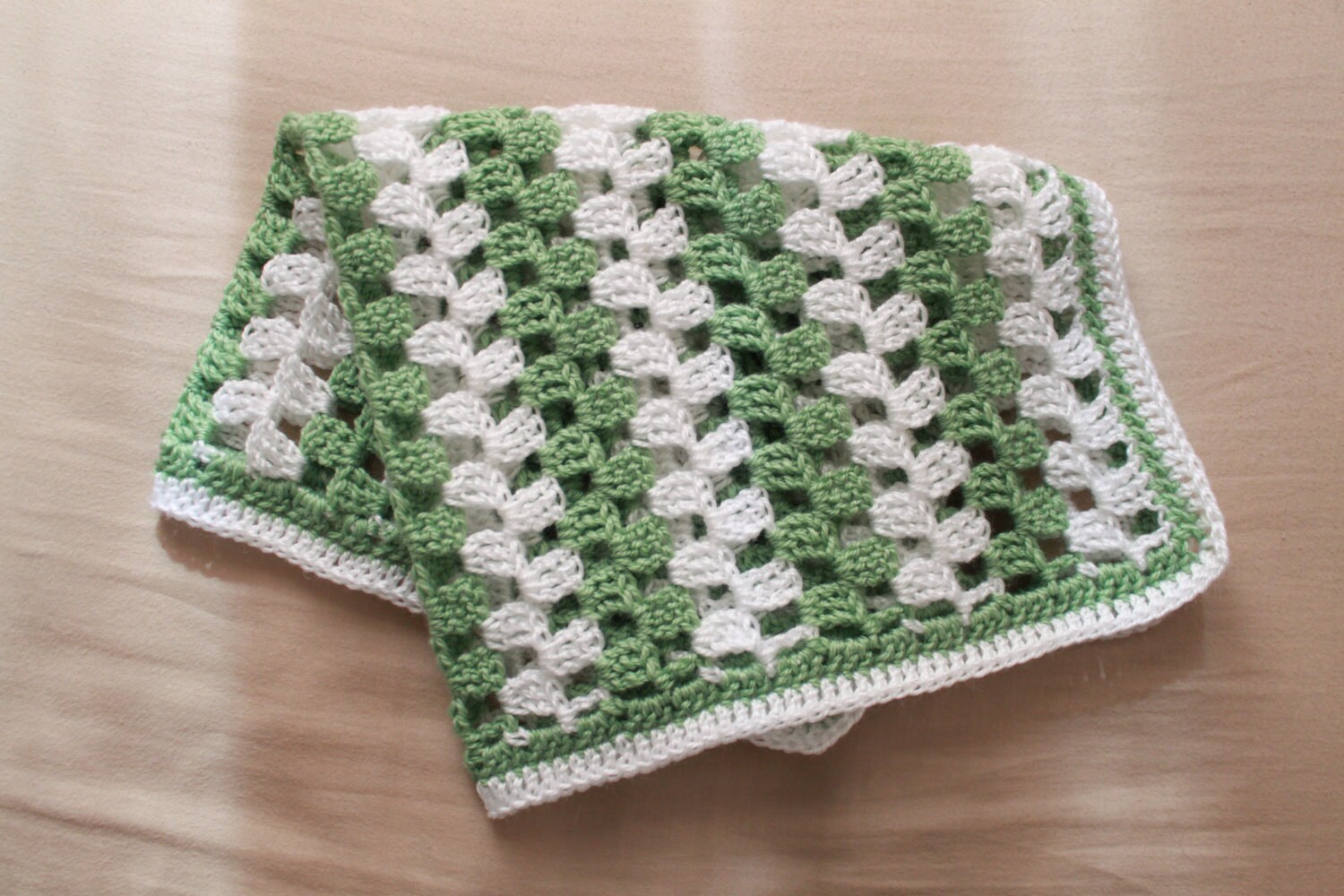 Crochet baby security blanket white and mintgreen striped