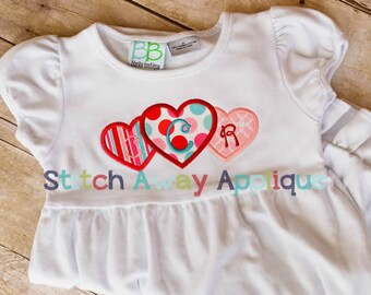 Valentine's Day Heart Trio Machine Embroidery Applique Design