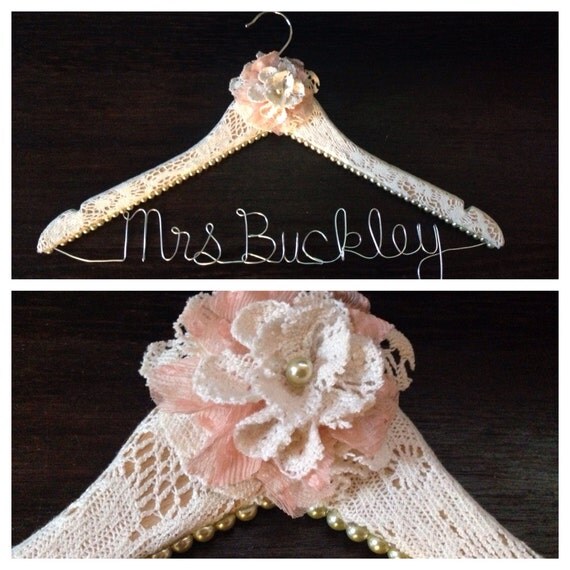Items similar to Vintage lace and pearl custom wedding gown hanger on Etsy