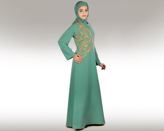 MyBatua Embroidered Zinah Green Abaya/Hijab AY-226 Islamic Hijab Clothing| Elegant Evening Party Wear Burqa| Trendy Muslim Dress Burka