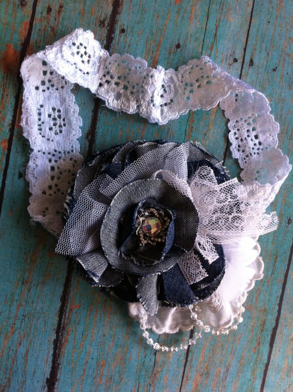 Denim and Lace Headband/ Ladies Brooch Pin/ Baby Headband/ Girls Headband/ Girls Hairclip/ Infant Headband/ Hat Embellishment/ Flower Brooch