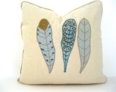 Art pillow cover: appliquéd feathers in aqua and beige for 20-inch insert.