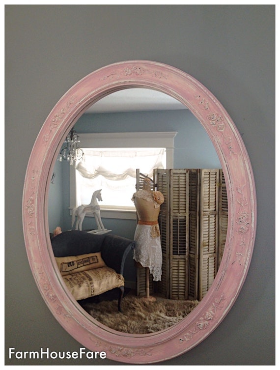 Large Pink Nursery Mirror Oval Shabby Cottage Chic Wall