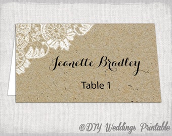 Rustic place cards template "Antique Lace" kraft DIY printable name card -YOU EDIT Word template instant download