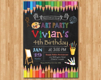 Art Birthday Party Invitation. Art Painting Party Colorful Invite. Little Artist. Girl or Boy Birthday. Chalkboard. Printable digital DIY.