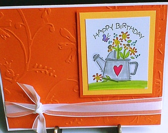 Happy Birthday Greeting Card Flower Birthday Card Orange Floral Birthday Card Handmade Birthday Card Greeting Card Embossed Birthday Card