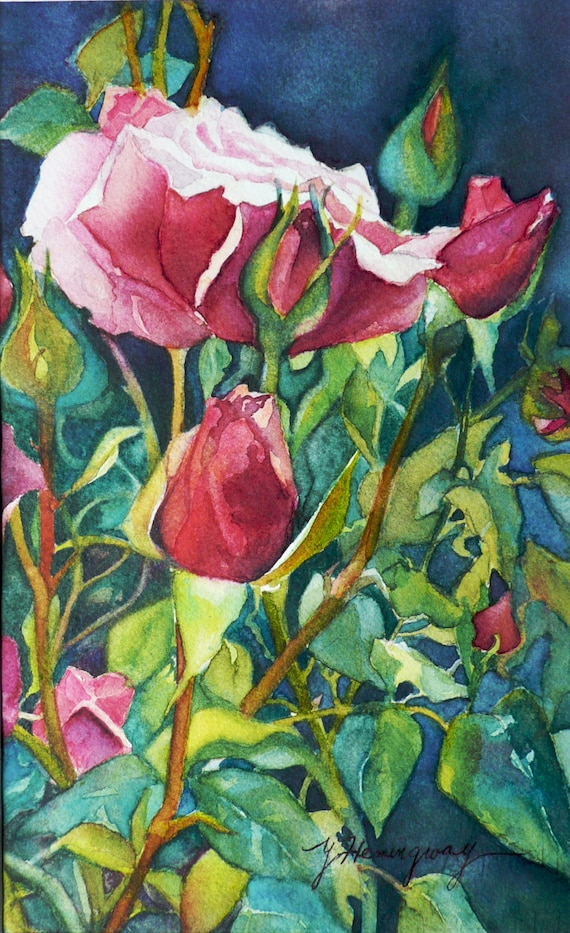 Items similar to Red Roses Original Watercolor Painting deep rose and ...