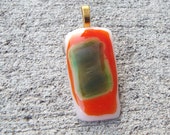 Large Glass Pendant/ Fused Glass Pendant/ Glass Jewelry. Orange and Green Glass Jewlery