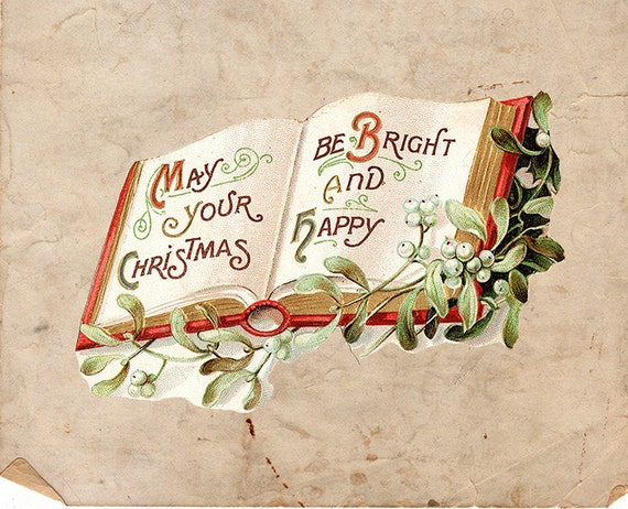 Digital Christmas Color Illustration - Antique Vintage Christmas Book - Book Christmas - Greenery Flowers Illustration INSTANT DOWNLOAD