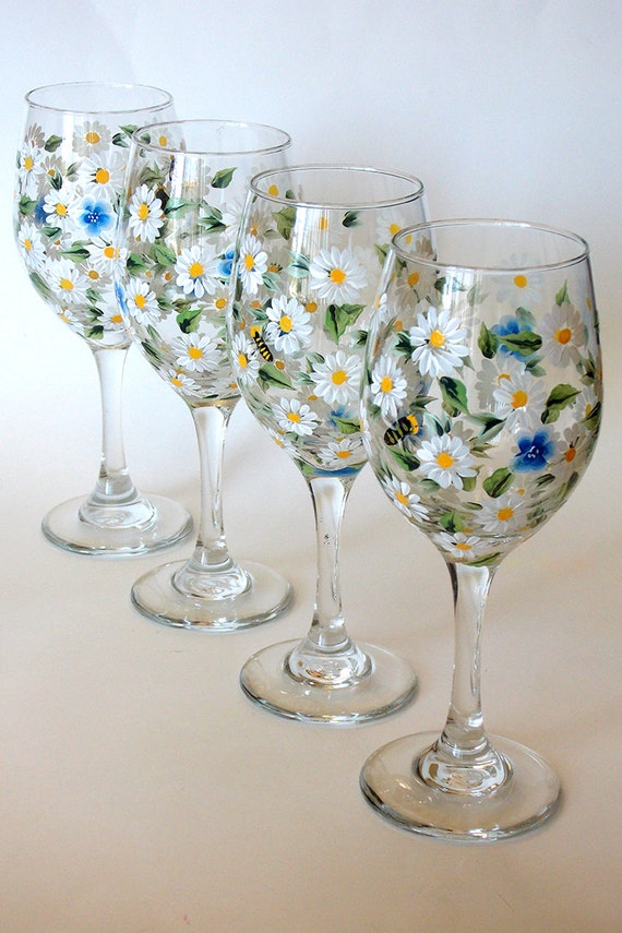 Set of 4 Hand Painted Wine Glasses White Daisy Forget-me-not