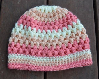 Baby Girl Strawberry Cream Puff Stitch Crochet Hat