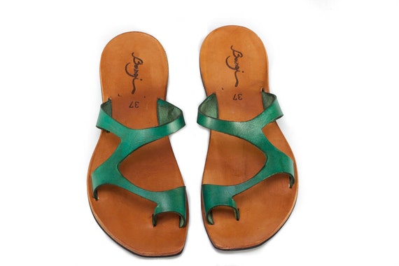 Green Leather Sandals Green Sandals Asymmetric Sandals