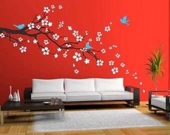 Plum blossom Floral with Flying Birds -cherry blossom decal,wall decal ...