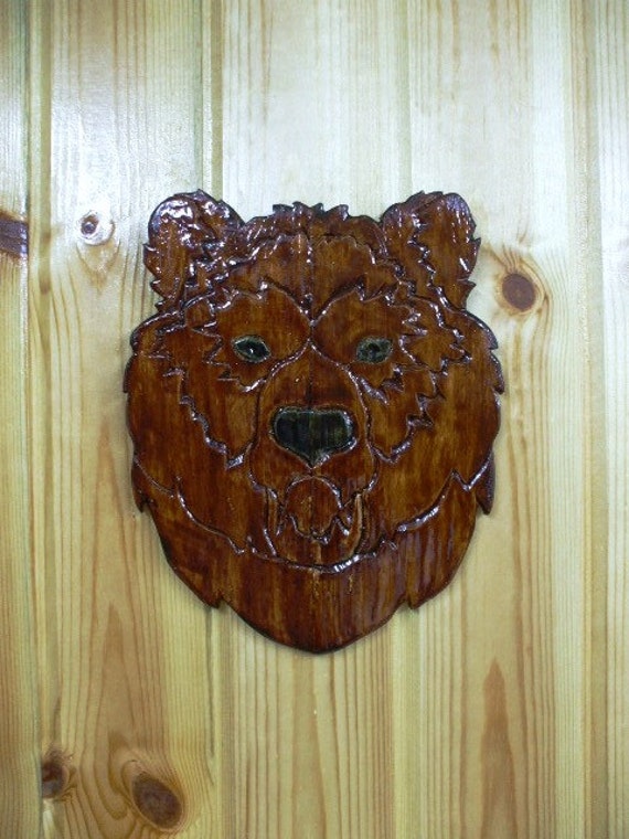 Handmade Wood Carving Carved Wooden Bear Plaque Wall Art
