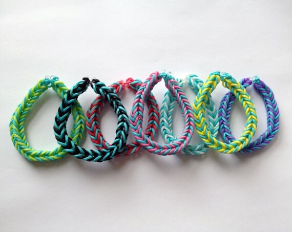 Items similar to Fishtail Loom Bracelet - Rainbow Colors w/ Blue Base ...