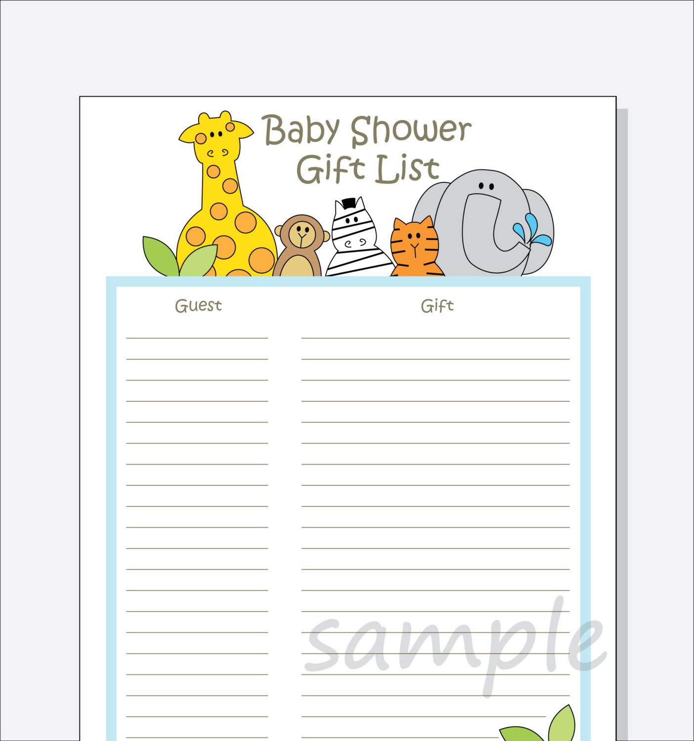 a-z gifts shower baby Printable DIY Shower Gift Baby Guest List Animals Jungle