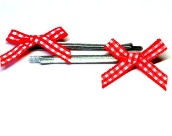Silver toned bobby pins with Red checked fabric bows