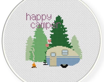 Happy Camper PDF Cross Stitch Pattern Needlecraft - Instant Download - Modern Chart