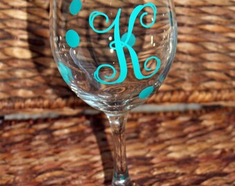 Monogrammed Wine Glass - Personalized Wine Glass - Custom Monogram Wine Glass - Custom Wine Glass - Monogram Wine Glass - Polka-dot wine