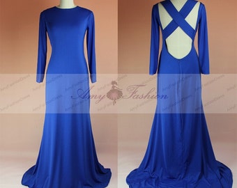 Royal Blue Prom Dress,Long Sleeve Mermaid Prom Dresses 2017,Criss Cross Open Back Prom Dress,Sexy Evening Party Dress,Long Maix Prom Dresses