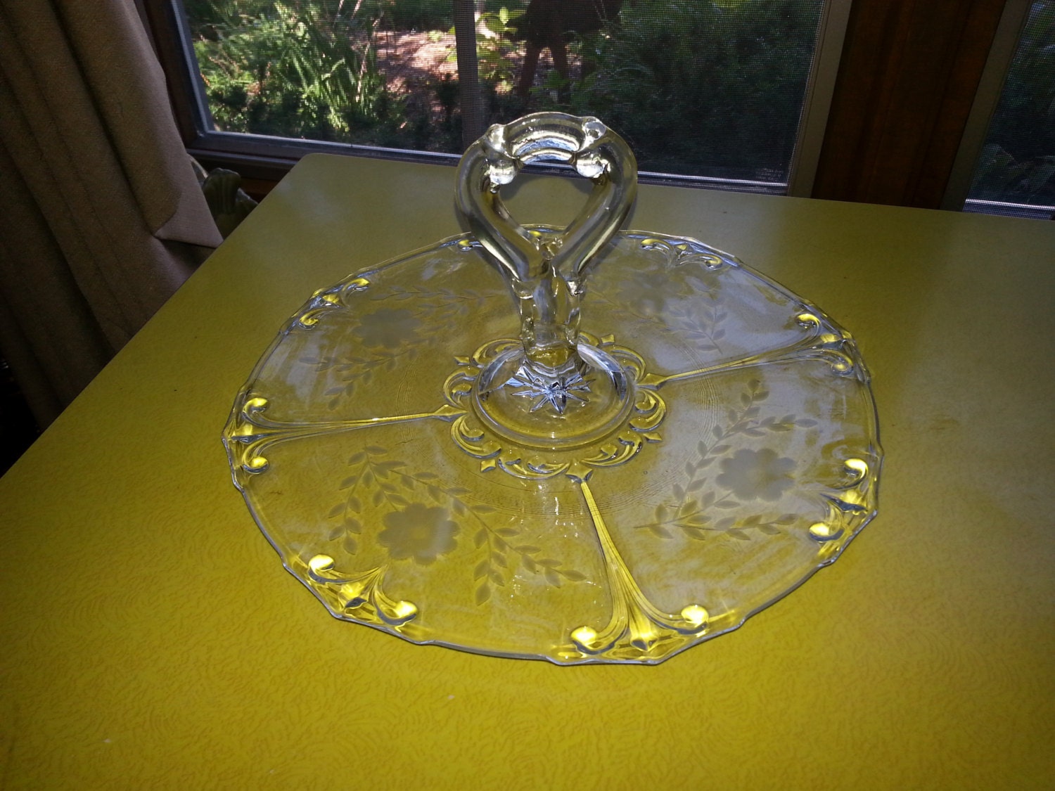 Antique Depression Glass Clear Etched Serving Tray with Handle